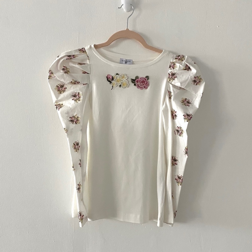 Monnalisa Flower Print Long Sleeve Cream Girls Top